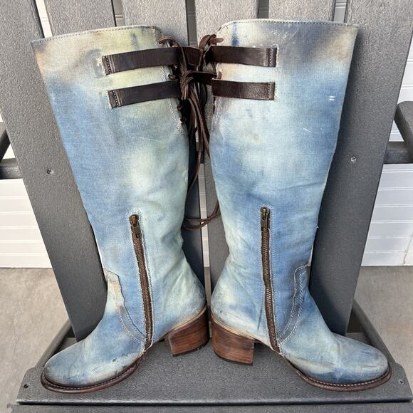 Freebird Boots Womens 8 Blue Cyrus Leather Roses Embroidery Knee High Laces Boho - Picture 4 of 16